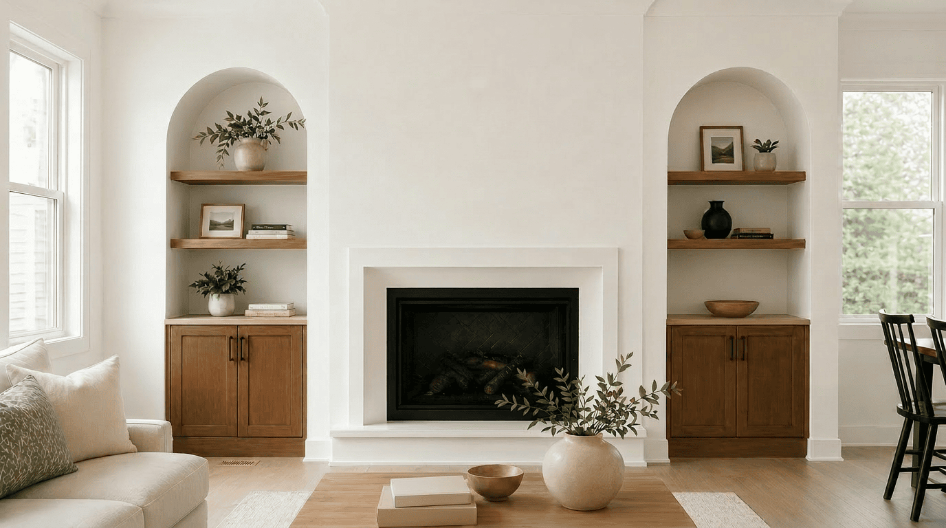 Bright living room with arched built-in shelving and a fireplace